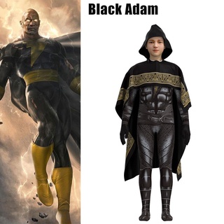 Black Adam Cosplay Costume Hooded Cloak Jumpsuit Set Halloween Adult Kids Mens