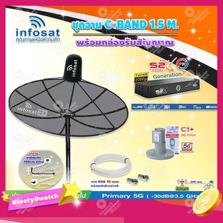 Infosat C-Band 1.5 เมตร (ขางอยึดผนัง 150 cm.มีก้านยึด)+LNB C1+ (ป้องกันสัญญาณ 5G)+กล่อง PSI รุ่น S2 X +สายRG6 ยาวตามชุด