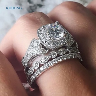 Kuhong ชุดแหวน 3 ชั้น แหวนพลอยเทียม หรูหรา บุคลิกภาพ เครื่องประดับของขวัญสําหรับผู้หญิง