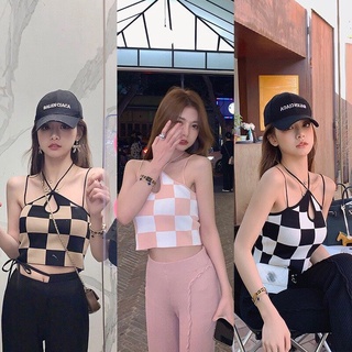 ​พร้อมส่ง เสื้อสายเดี่ยวไหมพรม ลายตารางใหญ่สุดน่ารัก ดีเทลเพิ่มสายผูกคอ รุ่น.SH60348