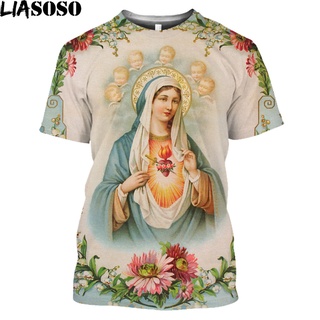 Liasoso เสื้อยืดคอกลม แขนสั้น พิมพ์ลาย Guadalupe Virgin Mary Catholic 3D หรูหรา แฟชั่นฤดูร้อน สไตล์ฮาราจูกุ