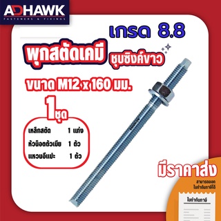 ADHAWK สตัดพุกเคมีชุบซิงค์ เกรด8.8 ขนาด M12x160 (ราคาต่อตัว) *เฉพาะสตัด ไม่รวมเคมีหลอดแก้ว*