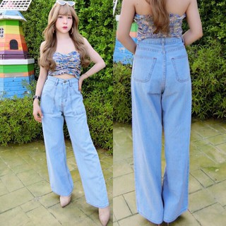 Cc jeans 042 กางเกงยีนส์ผู้หญิง เอวสูง ทรงกระบอก ขากว้าง แต่งกระเป๋าข้าง สีอ่อน