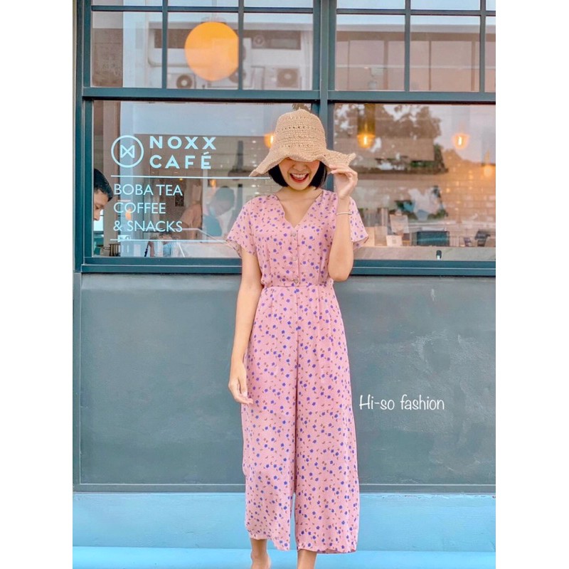 🌸Hi-so j Jumpsuit 🌿(273) จั๊มสูทขายาว คอวีขา 5 ส่วน ผ้าชีฟองทรายพิมพ์ลาย