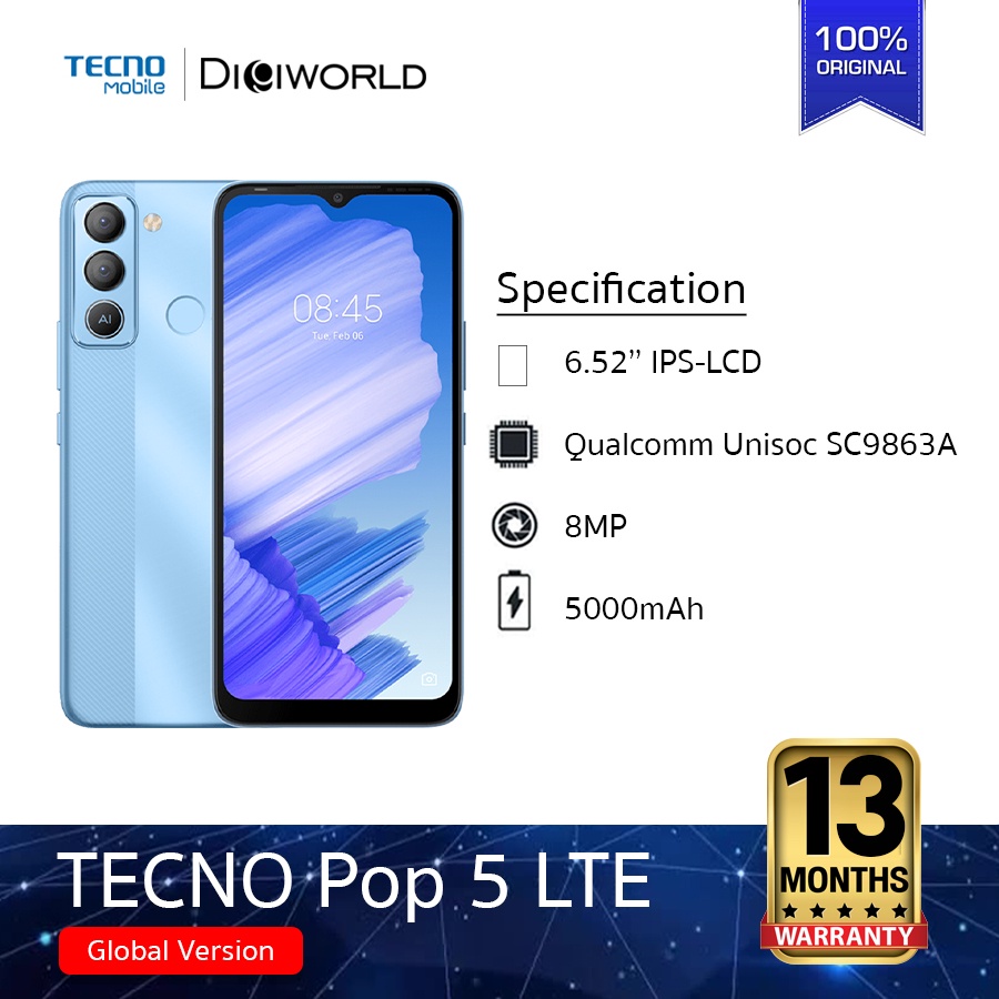 TECNO Mobile POP5 LTE 2/32 GB (เพิ่ม sd card ได้) สมาร์ทโฟน จอ6.5นิ้ว HD+ แบตเตอรี่ 5,000 mAh |ประกันศูนย์ไทย13เดือน