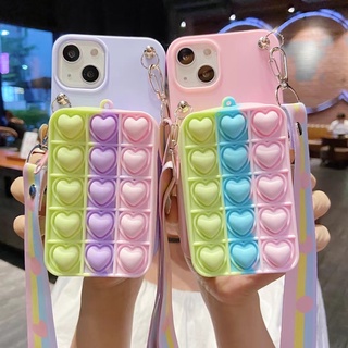เคสโทรศัพท์มือถือ ซิลิโคนนิ่ม ลายหัวใจ พร้อมกระเป๋าสตางค์ และสายคล้อง สําหรับ OPPO F15 A91 A92S Reno 8 5 Z 2 2Z 2F 3 4 Pro SE F Z