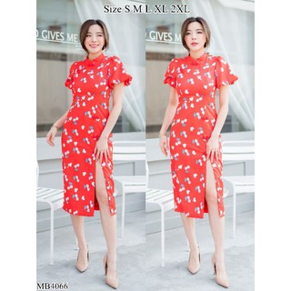 🧧ตรุษจีน🧧 เดรสกี่เพ้า แขนพอง สีแดง พิมพ์ลายเชอร์รี่ ✨ MB4066