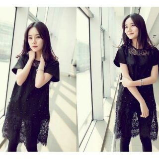 Black lace cotton long shirt