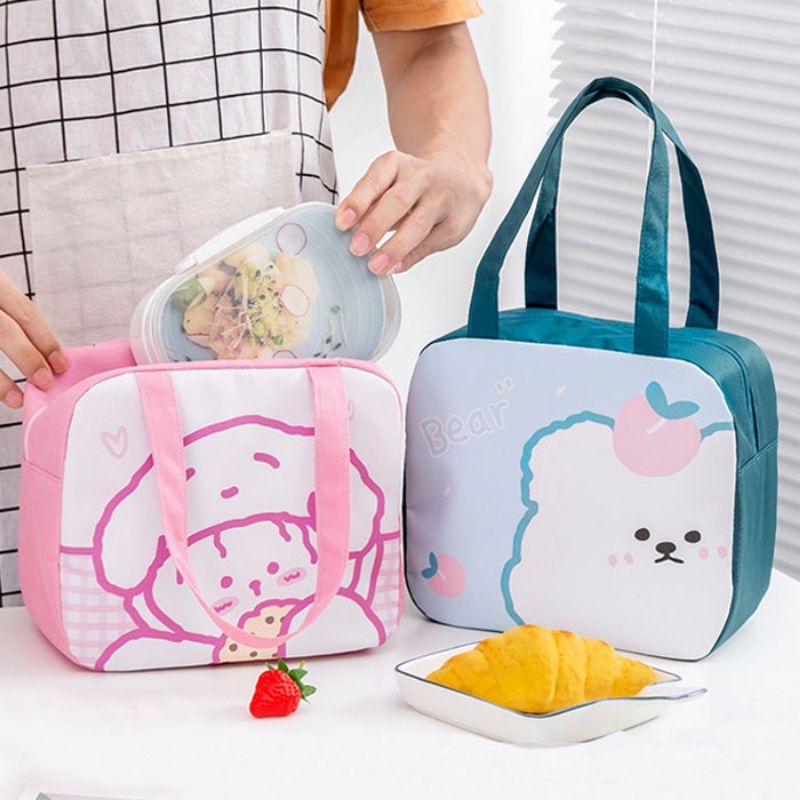 แบบพกพาอาหารกลางวันสแควร์การ์ตูนร้อนเย็นฉนวนกันความร้อนถุงอาหารกลางวัน bakal makanan อลูมิเนียมเก็บอ
