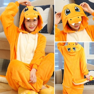 ชุดนอนจั๊มสูท มีฮู้ด ผ้าสักหลาด ลายการ์ตูนมังกรไฟ Kigurumi สําหรับผู้หญิง และผู้ชาย