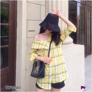 TwinsShopVip💗พร้อมส่ง TW10503 Set 2 ชิ้น เสื้อเชิ้ตคอกว้างลายสก็อต