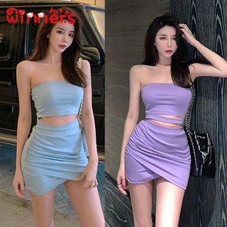 Women Korean Sexy 2 Pieces Set Tube Top Short Top + High Waist Skirt Suit