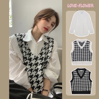 Love flower เสื้อกั๊กถักโครเชต์ แขนยาว สีขาว สไตล์เกาหลี (เลือกแยกได้)