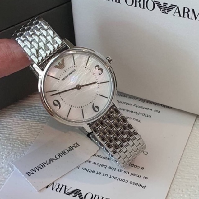 (ผ่อน0%) นาฬิกาข้อมือผู้หญิง Emporio Armani Women's Two-Hand Stainless Steel Watch AR2507 หน้าปัดกลม ขาวมุก ขนาด 32มม.
