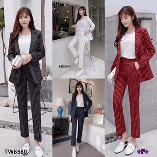 TW8580 Set 2 ชิ้น เสื้อปกสูทแขนยาว ลายริ้ว+กางเกงขายาว ทรงกระบอกเล็ก **สอบถามก่อนสั่งซื้อ**