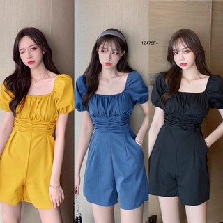 J12475 Jumpsuit จั๊มสูทขาสั้น คอเหลี่ยม อกและเอวจับจีบทวิส