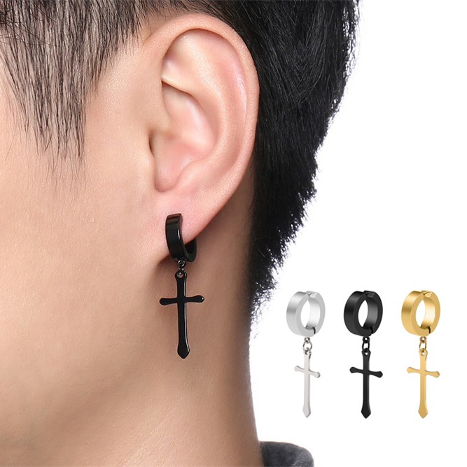 ต่างหู ไม่ต้องเจาะหู ตุ้มหู จิว ไม้กางเขน Cross Huggie Stud Earrings for Men Stainless Steel  Earing