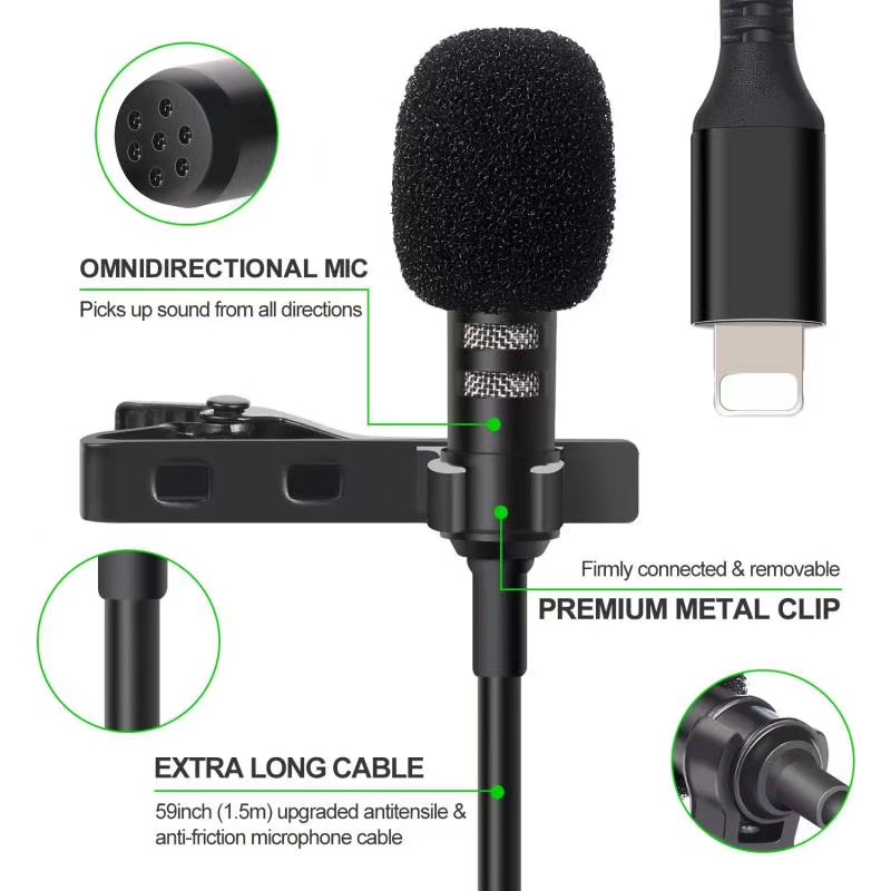 ไมโครโฟน ไมค์ไอโฟน ไมค์ไลฟ์สด ไมค์อัดเสียง1.5m lighting/Type-C/3.5mm บันทึกเสียง ไมค์หนีบปกเสื้อ ไม่ต้องต่อผ่านตัวแปลงห