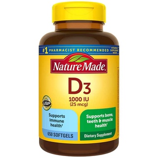 Exp:09/25 Nature made Vitamin D3 25 mcg (1000 IU) 650 Softgels วิตามินดี3 ขวดใหญ่ 650เม็ด