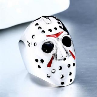 แหวนหน้ากากฮอกกี้ Jason Voorhees สไตล์เรโทรและพังก์ เครื่องประดับสำหรับไบค์เกอร์ สีแดง