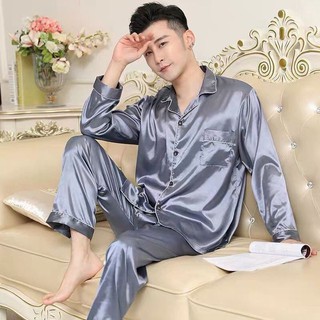 (ราคาถูกที่สุด) ชุดนอนผ้าซาติน，ชุดนอนแขนยาว，ผู้ชายแฟชั่น，กางเกง + เสื้อ