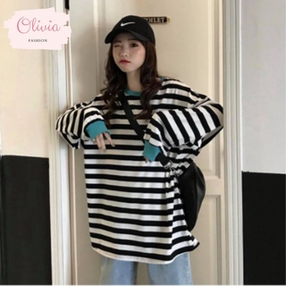 🍓Olivia🍓 เสื้อลายทาง แขนยาว จั๊มปลายแขน ไสตล์oversize พร้อมส่ง#325