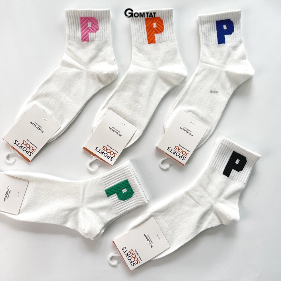 ถุงเท้าผู้หญิงกลางคอแฟชั่นเกาหลีลายรูปตัว P ถุงเท้าผู้หญิงผ้าฝ้ายกลางคอคุณภาพสูง นุ่ม ระบายอากาศได้ด