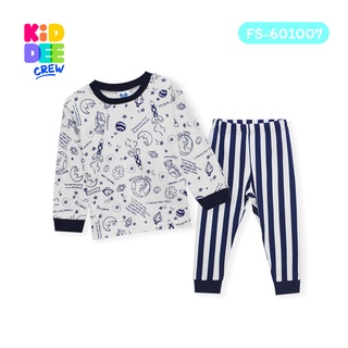 KiddeeCrew ชุดนอนครีมกุ้นคอน้ำเงิน กางเกงริ้วน้ำเงิน Navy cream pajamas blue striped pants เหมาะสำหรับอายุ 1-12 ปี