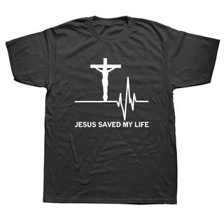 เสื้อยืดผ้าฝ้ายพรีเมี่ยม เสื้อยืดแขนสั้น ผ้าฝ้าย พิมพ์ลาย Jesus Saved My Life Savior God Religious Christian สําหรับผู้ช