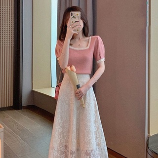 🌸XS~2XL กระโปรงทรงเอเอวสูงลูกไม้สีขาว