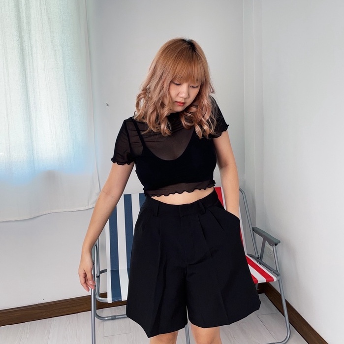 upeachme(B13,B14) Chaco Seatru [M-XL] เสื้อซีทรูเข้ารูปสีดำเซ็กซี่ขยี้ใจ เสื้อตาข่ายตัวสั้นครอปท็อป