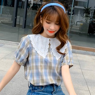 ✨NEW✨เสื้อคอปกลายสก๊อตแขนตุ๊กตาน่ารักมาก❤️