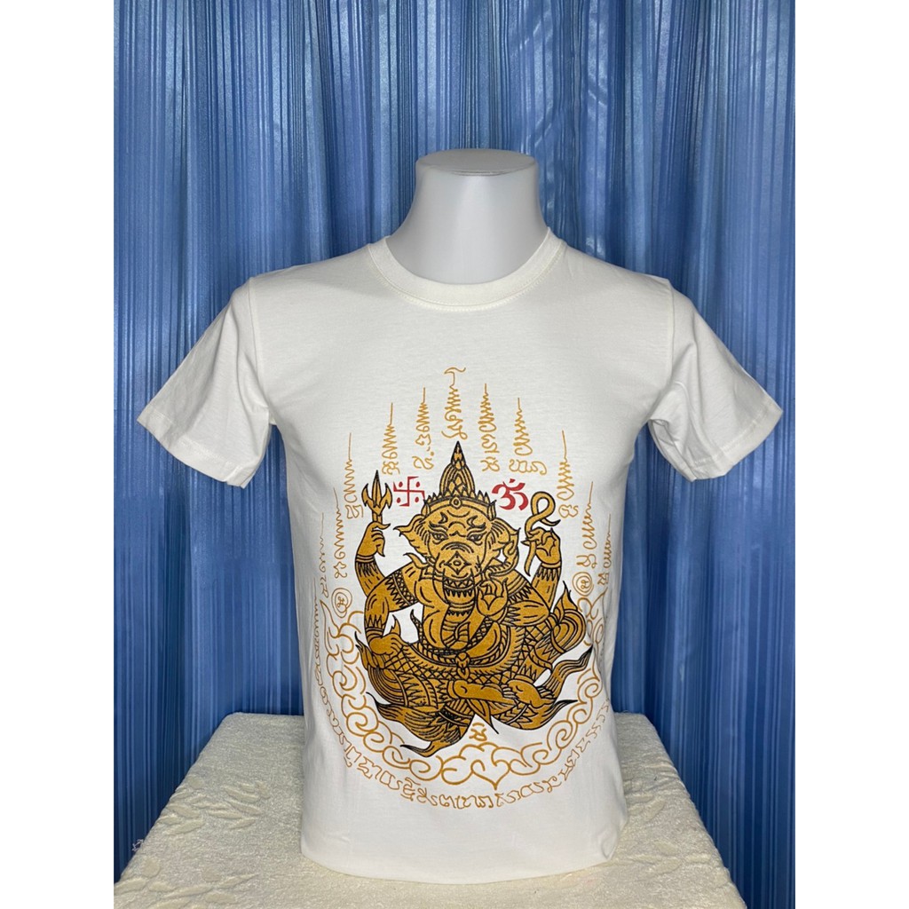 เสื้อยืดลายยันต์ พระพิฆเนศ สีขาว ลายไทย ลายยักษ์ หนุมาน ผ้าcotton com32อย่างดี สกรีนหน้าหลัง ราคาถูก