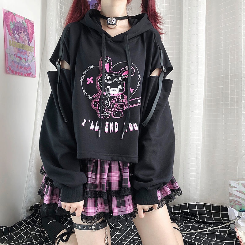 👅[Chainsaw Rabbit] เสื้อสเวตเตอร์สั้นแบบมีฮู้ดสีเข้มสไตล์วิทยาลัยกลวง 💓กระโปรงชั้นๆY2K สูท สวยมาก