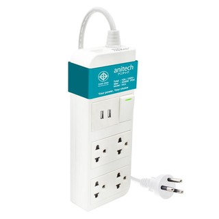 ปลั๊กไฟ(มอก.)+2USB 4 ช่อง 3 เมตร สีฟ้า แอนนิเทค H624Power plug (TIS) + 2USB 4 outlets 3 meters blue Anitech H624