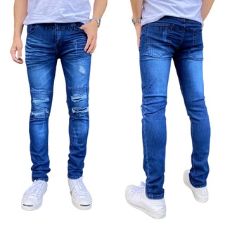 JEANSEXPRESS Blue Skinny สกินนี่ยีนส์ชายสีบลูฟอกแต่งปะขาดเซอร์ ผ้ายืด สวมใส่สบาย Size 28-36 รับชำระปลายทาง