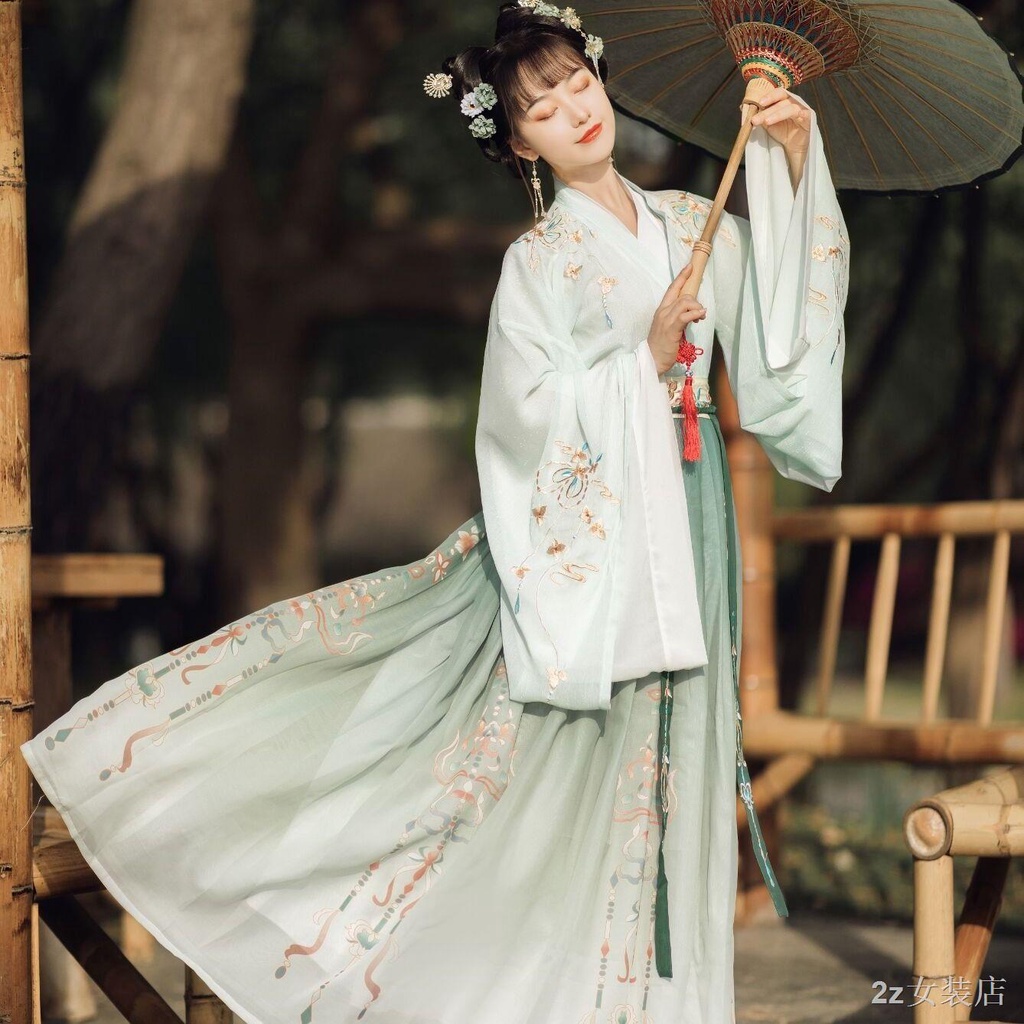 Hanfu กระโปรงเอวคอตตอนแท้ของผู้หญิงแขนยาวฤดูใบไม้ร่วง