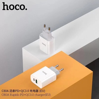 Newหัวชาร์จเร็ว Type-C+USB  18W ปลั๊กขากลม (มาตรฐานยุโรป)Hoco C80A PD+QC3.0 Charger 18W (EU)