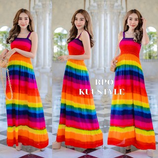 #สายเดี่ยวเรนโบว์ Maxi dress  แมกซี่เดรสลายขายดีอมตะ สายเดี่ยวอกใส่ยางดึงสม้อค ใส่แล้วเพรียวสูง สม็อคเอวแบบไม่อึดอัด