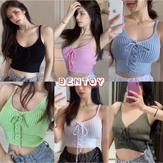 Bentoy(88038)เสื้อกล้ามไหมพรม สายเดี่ยวหน้าวี ดีเทลแต่งสายรุดหน้า รัดรูป