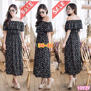 Sale++ (อก36-40) ทองย้อย 10929 Maxi Dress แม็กซี่ระบายอก ลายเพลย์ซัมเมอร์เดรสเปิดบ่าทรงฮ็อต Lovely-Catty