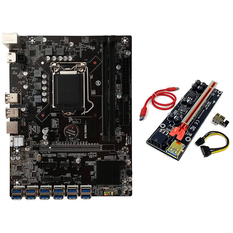 B250C BTC Miner Motherboard+009S Plus Riser Card Enhanced Version 12XPCIE to USB3.0 GPU Slot LGA1151 Mining Motherboard