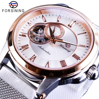 Forsining Mechanical Watches Rose Gold Case Silver Stainless Steel Unique Fashion Men Automatic Self-wind Watch Water Re