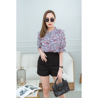 3495-1 เสื้อคอจีนลายดอกริ้วแต่งระบาย