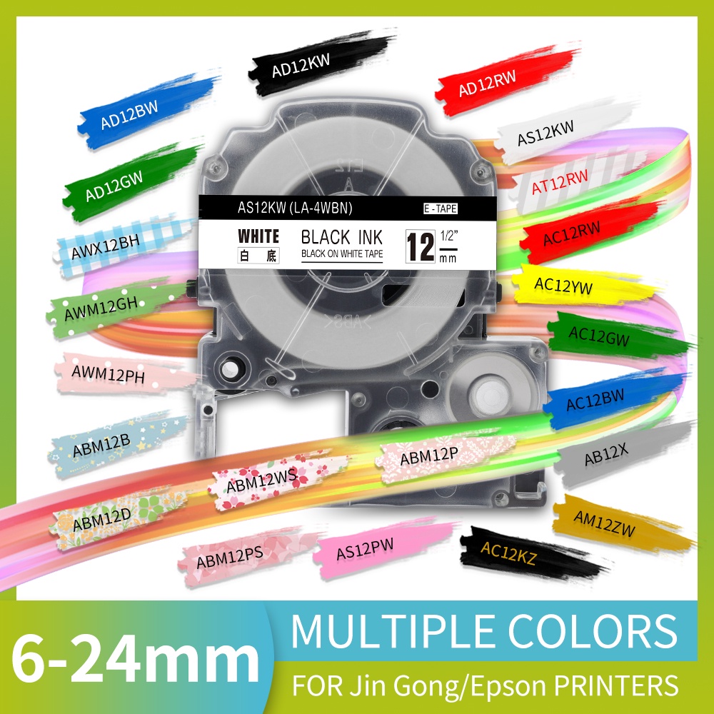 เทปฉลาก 6 9 12 มม. สําหรับเครื่องพิมพ์ฉลาก EPSON SS12KW LC-4WBN 12 มม. KingJim TepraPro LW-300 LW-40