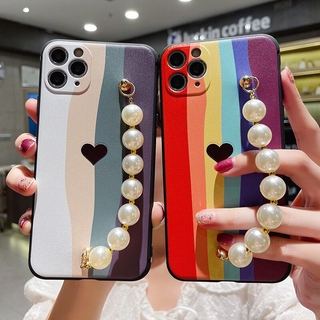 เคสโทรศัพท์มือถือ TPU นิ่ม ลายหัวใจ สีรุ้ง พร้อมสายคล้องมือ สําหรับ Samsung Galaxy A10 A20 A30 A50 A50S A70 A7 2018 M10 Note 8 9 10 Note 10Plus 10Lite Note 20 Ultra