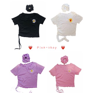 Pinkshop(พร้อมส่ง)เสื้อครอปน่ารักแขนสั้น ปักดอกเดซี่+โดนัทมัดผม