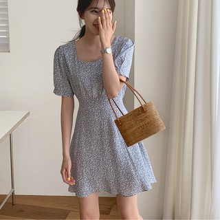 พร้อมส่ง 🌛 flora chiffon dress C1838 มินิเดรสสั้นลายดอก มินิเดรสสั้น มี 2 สี น้ำเงิน เขียว