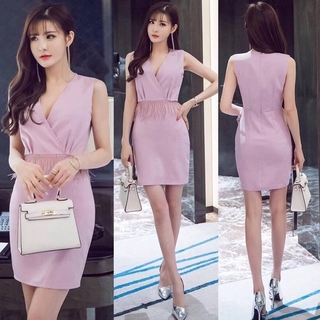 Mini Dress ทรงเอแต่งขน (ชมพู)