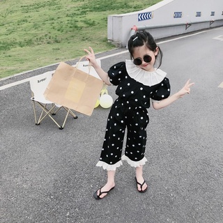 ชุดเสื้อแขนสั้นลายจุด + กางเกงเก้าส่วนสําหรับเด็กอายุ 3-8 ปี 2 ชิ้น